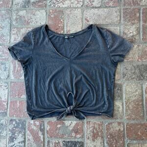 Zara Acid Washed Dark Gray Tie Front Deep V-Neck Tee Short Sleeve Size L